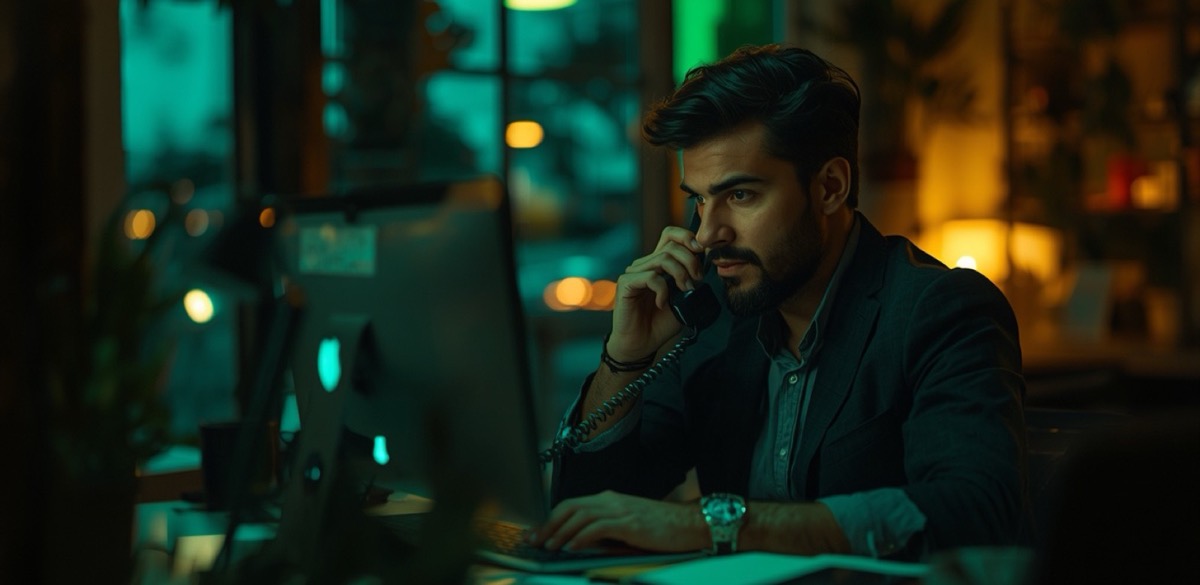 A man takes a phone call at his desk in the evening while looking at his computer, in a warmly lit office.
